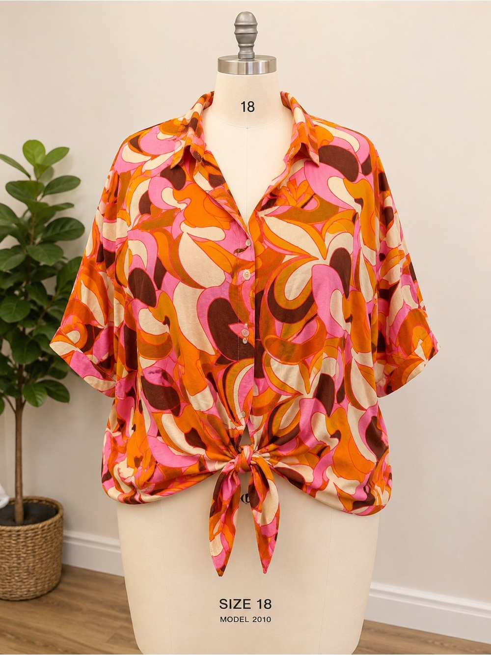 Ava & Viv Pink Orange Brown Swirl Tie-Front Button Down Shirt